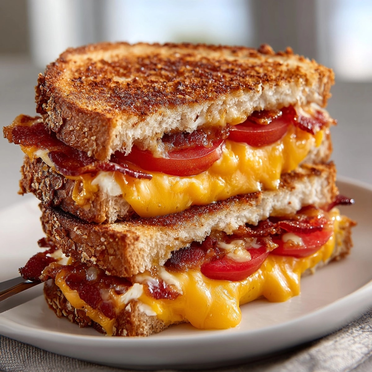 Close-up of grilled cheese with bacon and tomato, buttery toasted bread and sizzling bacon visible inside.