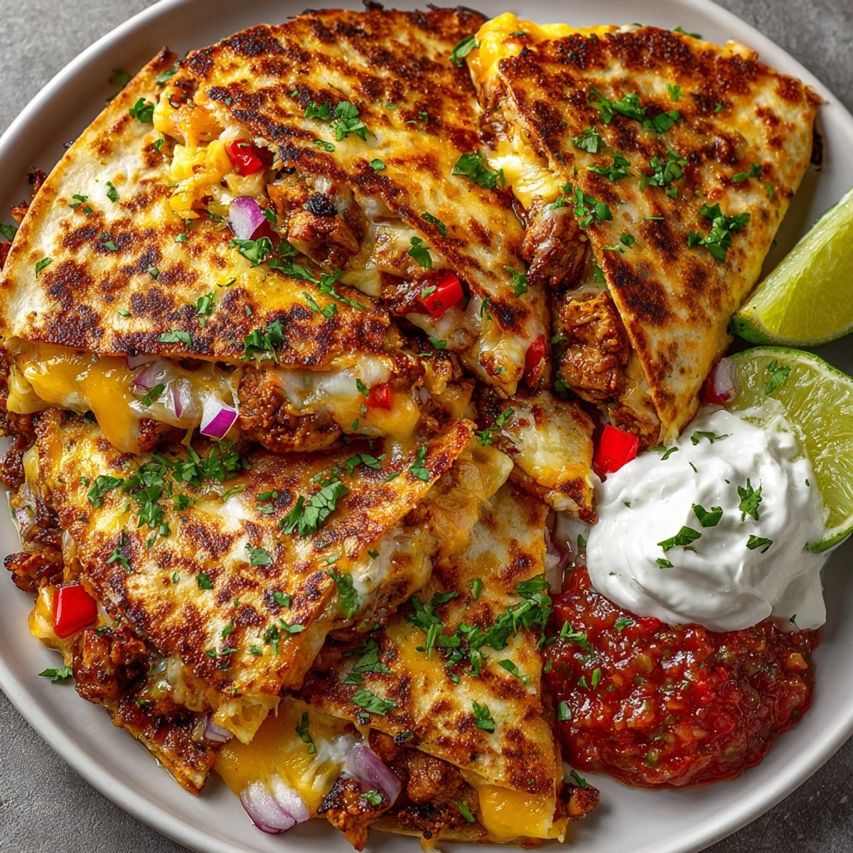 Cajun chicken quesadillas filled with melty cheese, sautéed peppers, and golden crispy tortillas.