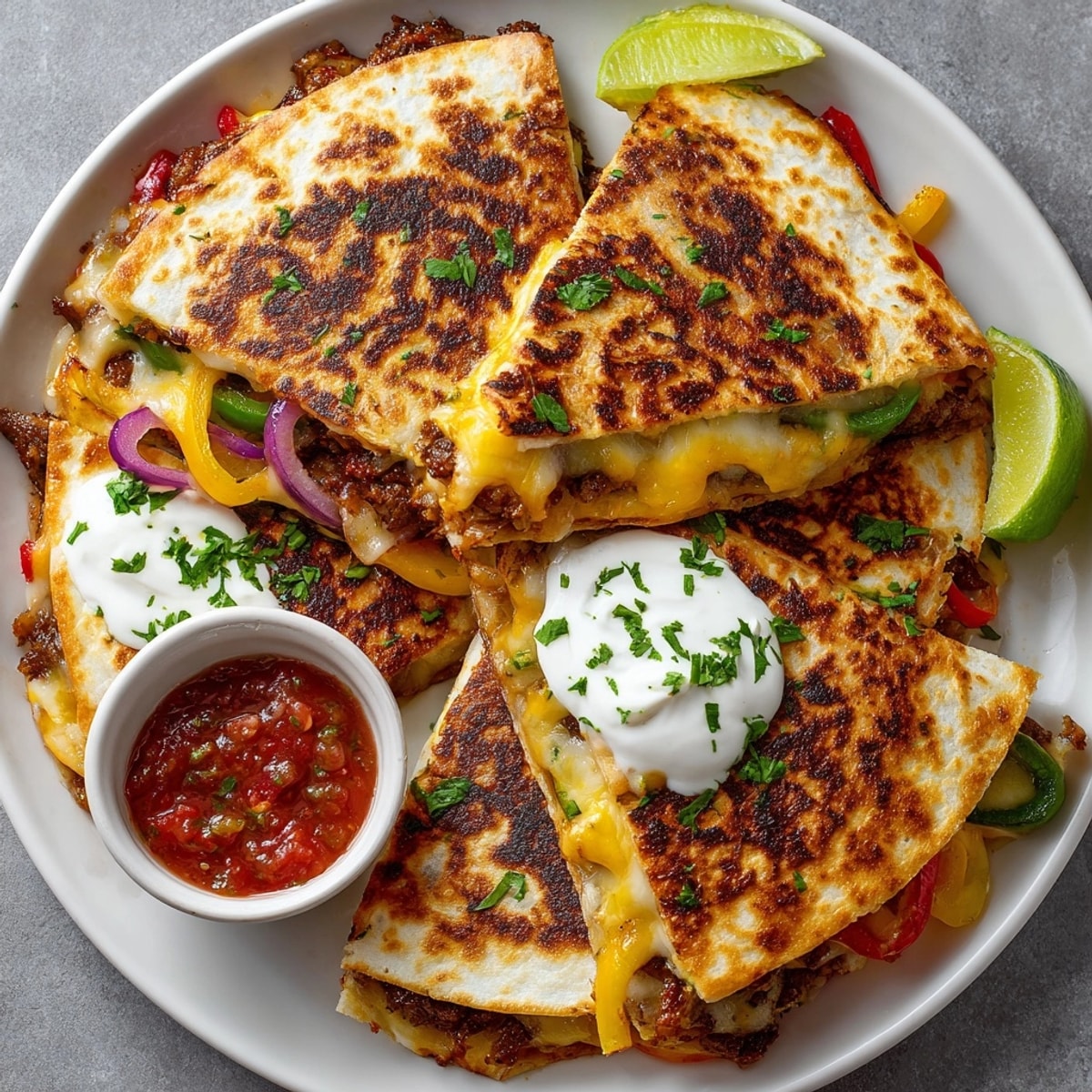 Cheesy Cajun chicken quesadillas served hot, oozing with spicy peppers and cilantro garnish.