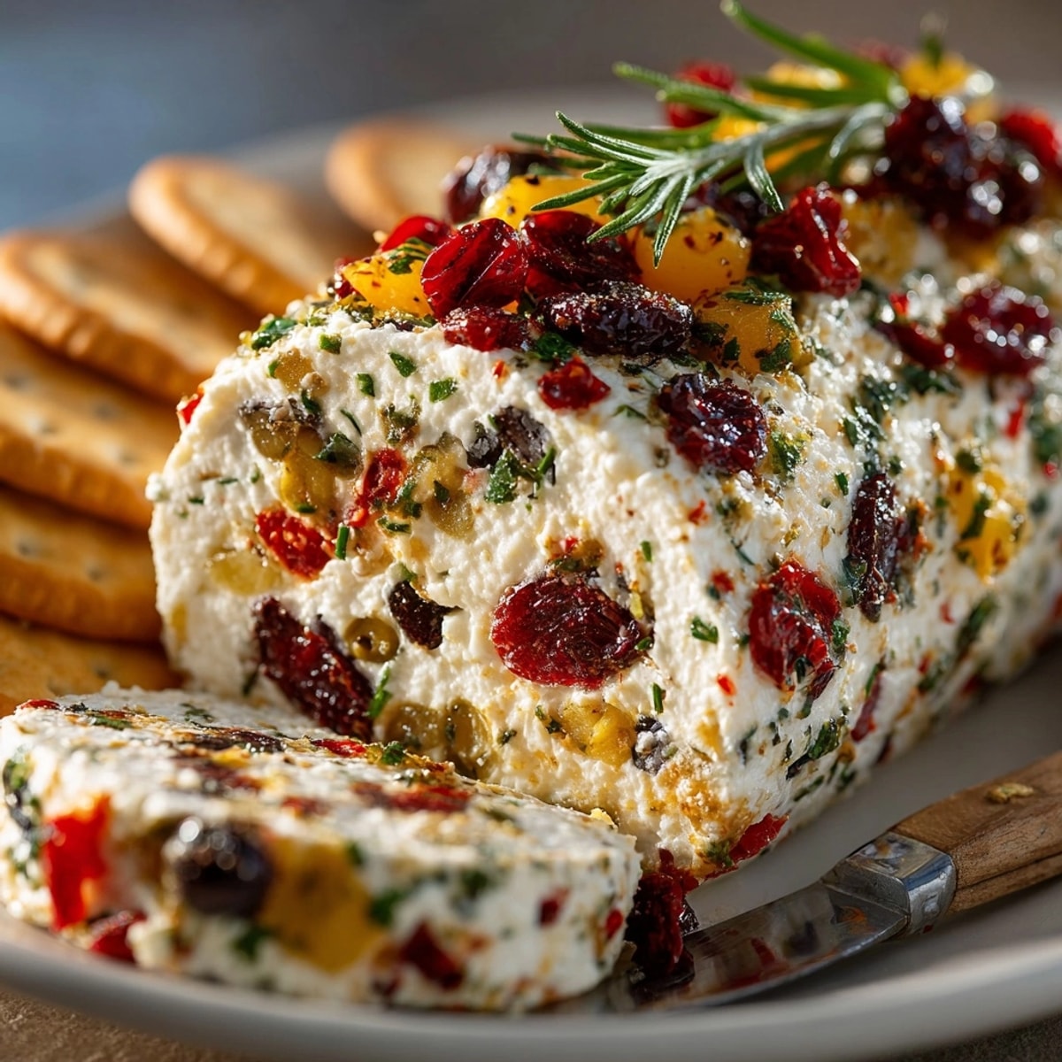 Festive Holiday Antipasto Cream Cheese Log topped with olives, cranberries, and herbs on a platter