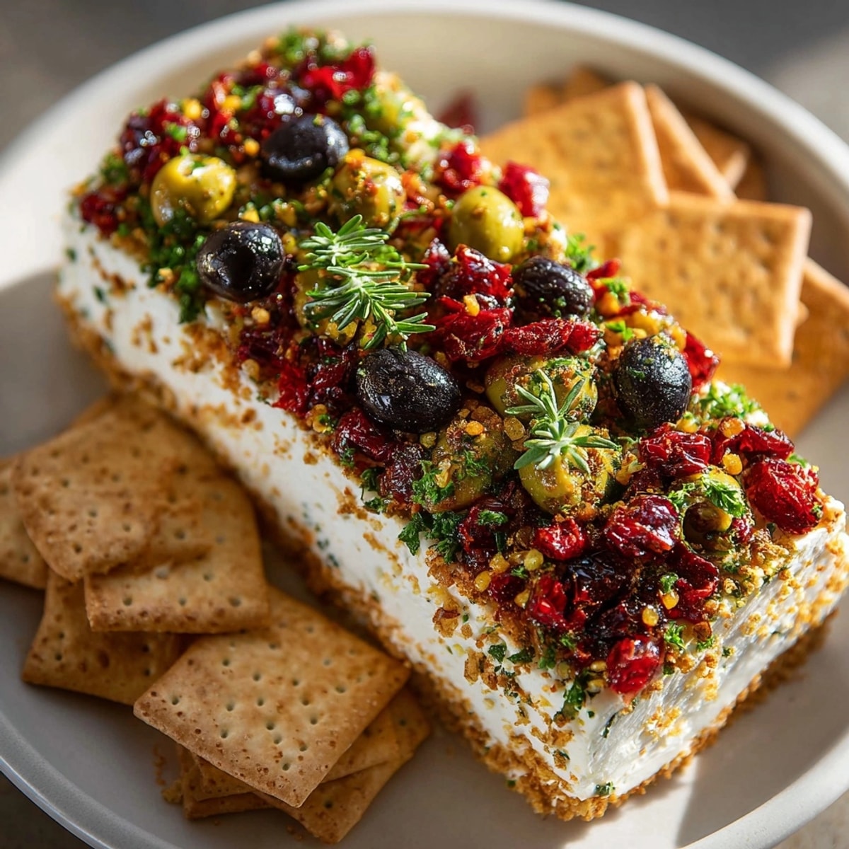 Close-up of Festive Holiday Antipasto Cream Cheese Log garnished with roasted red peppers and fresh parsley