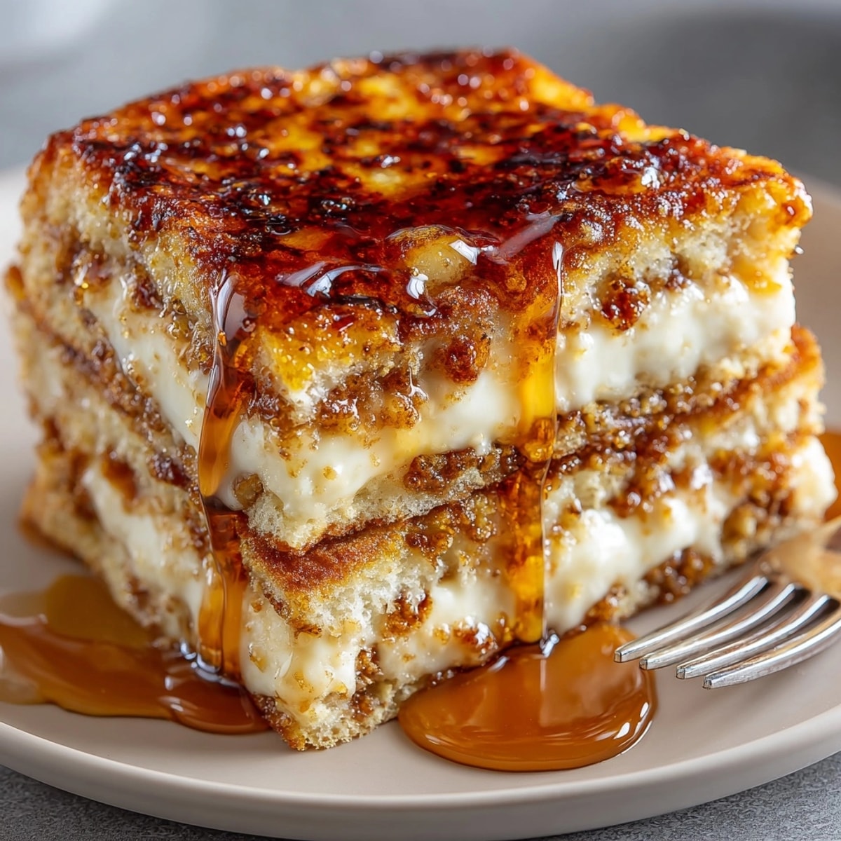 Overnight Crème Brûlée French Toast served golden and crisp, topped with caramelized sugar and fresh fruit.