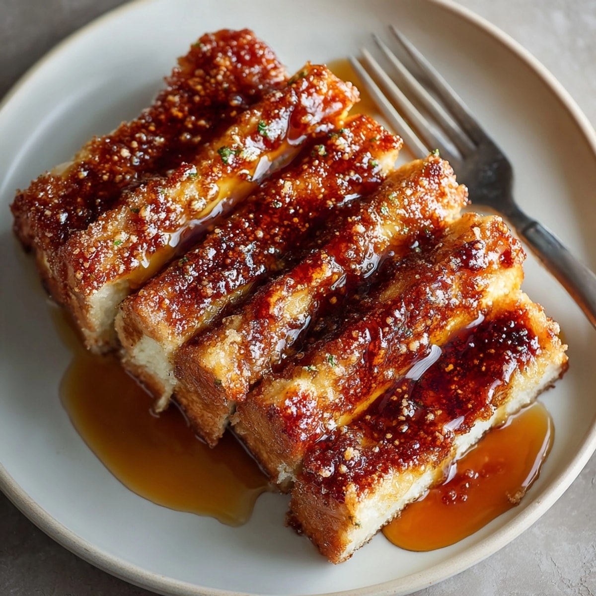 Slices of Overnight Cr&egrave;me Br&ucirc;l&eacute;e French Toast in a baking dish, broiled to perfection for brunch gatherings.