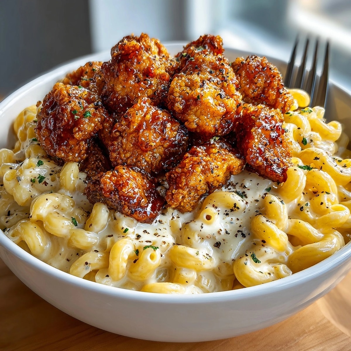 Creamy Honey Pepper Chicken Mac and Cheese Delight served in a bowl with golden, glazed chicken bites.