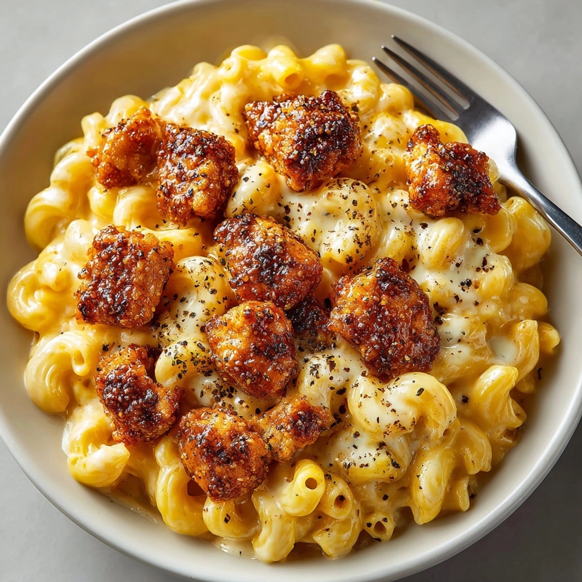 Close-up of Creamy Honey Pepper Chicken Mac and Cheese Delight, topped with crispy, sweet-spicy chicken.