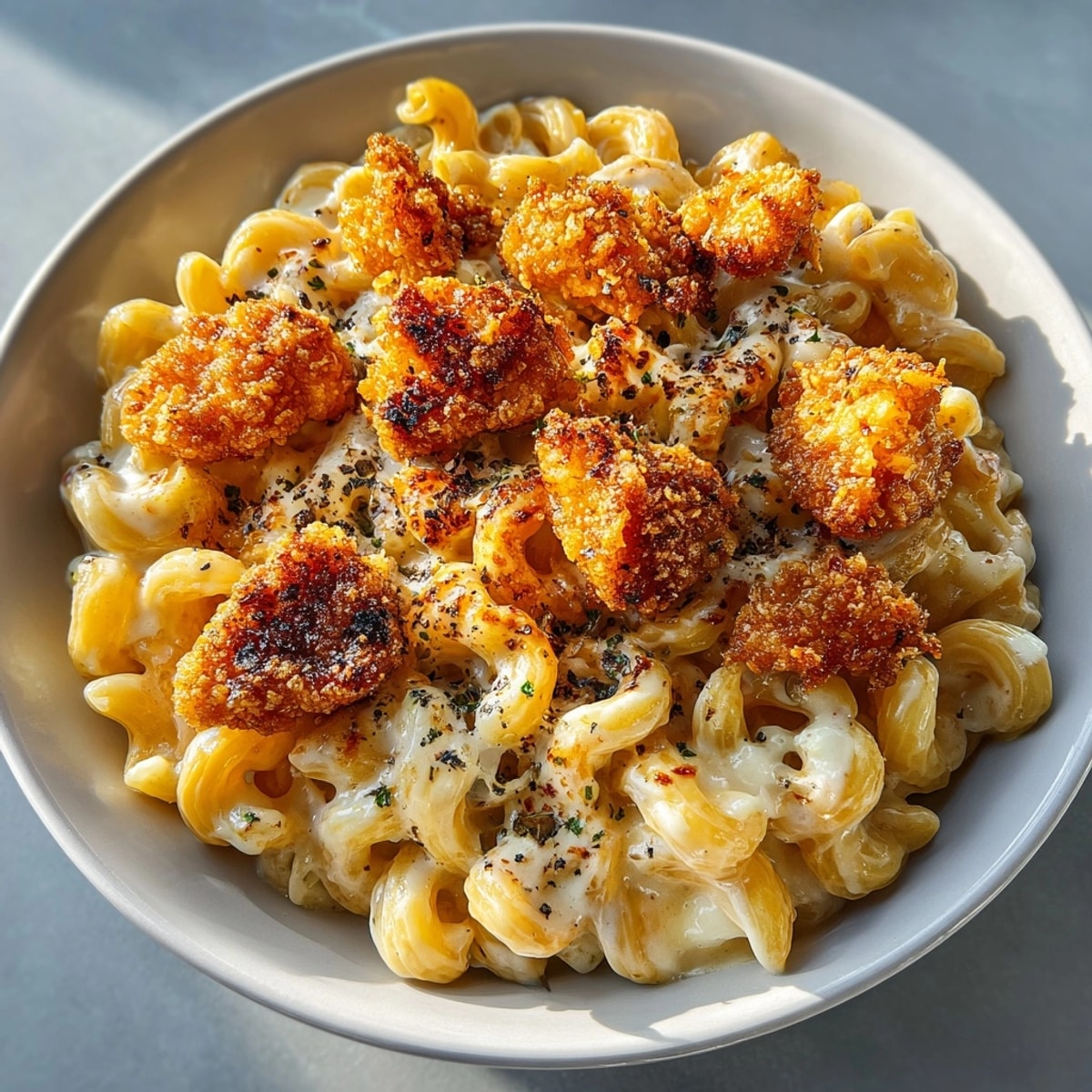 Plated Creamy Honey Pepper Chicken Mac and Cheese Delight with rich cheese sauce and honey pepper glaze.