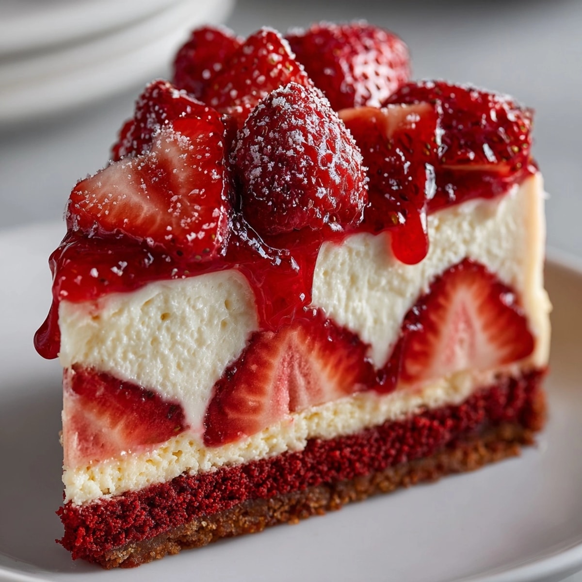 Strawberry Red Velvet Cheesecake with glossy strawberry topping, sliced and ready to serve on a platter.