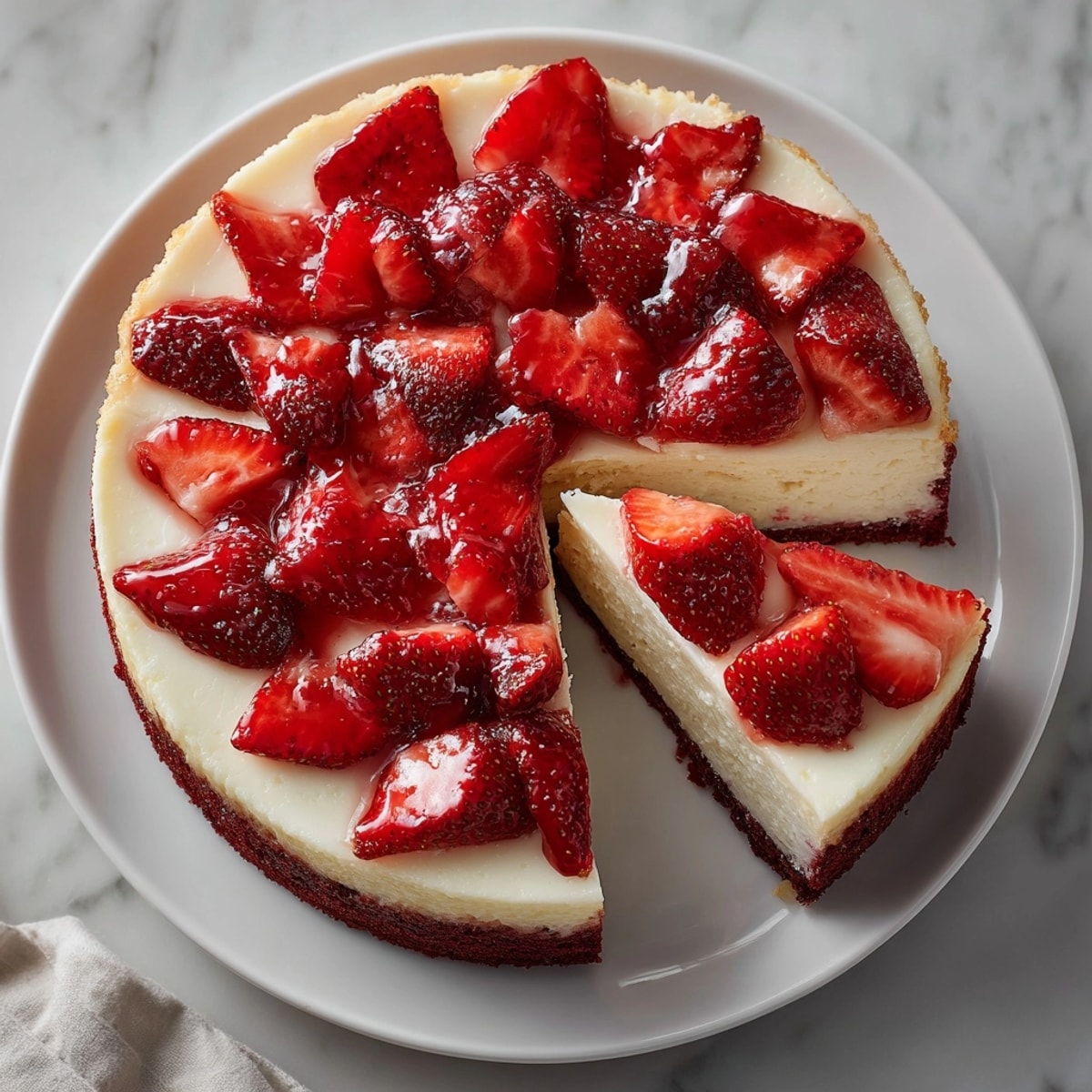 Vibrant Strawberry Red Velvet Cheesecake served chilled, showcasing luscious layers and juicy berry topping.
