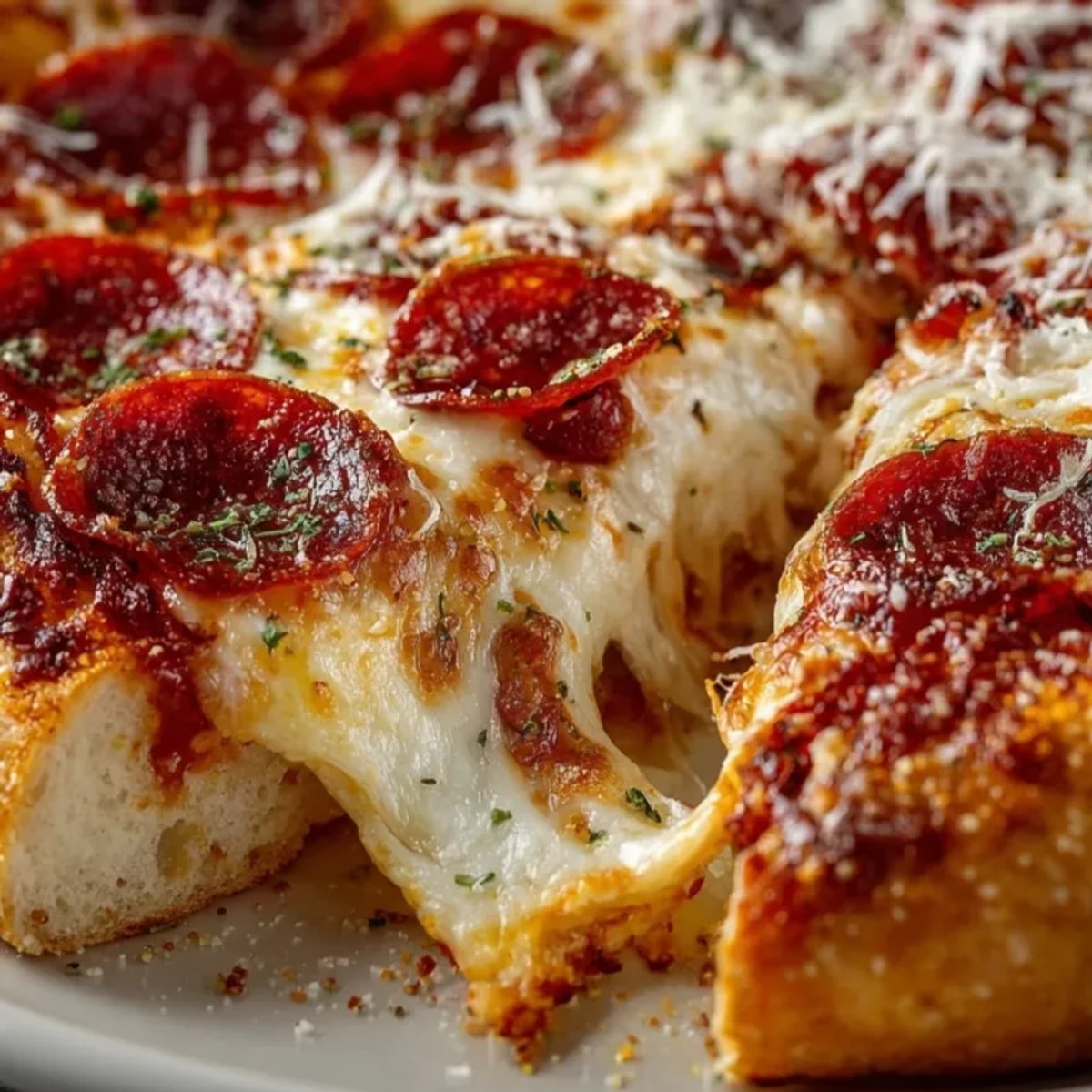 Homemade stuffed crust pepperoni pizza with golden cheese-filled edges and melty mozzarella topping.