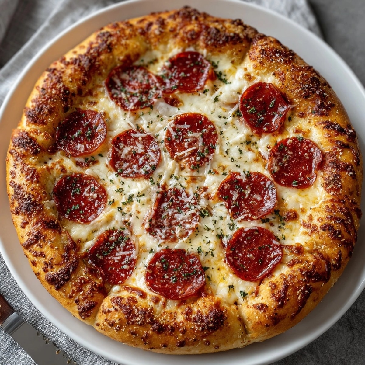 Stuffed crust pepperoni pizza fresh from the oven, gooey cheese oozing from the crisp crust.