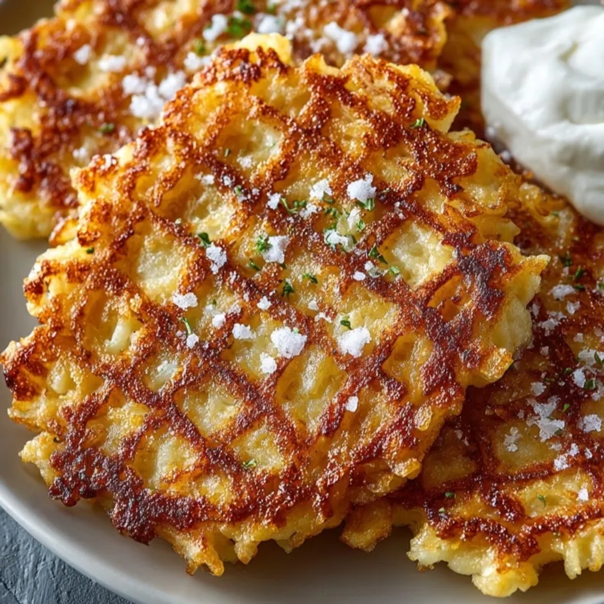 Golden German Potato Pancakes served hot with creamy sour cream and tart applesauce on a plate.