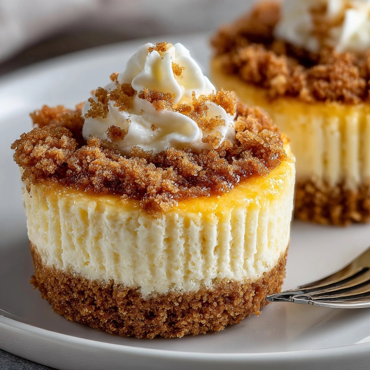 Gluten-Free Mini Cheesecakes displayed on a platter, creamy filling atop golden graham cracker crusts.