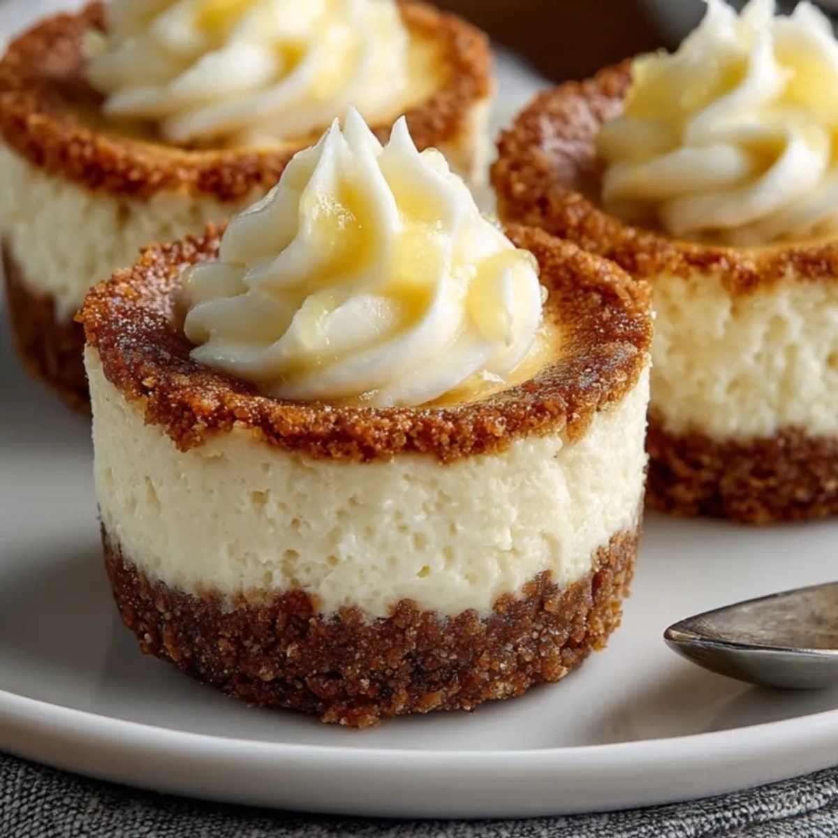 Freshly baked Gluten-Free Mini Cheesecakes in cupcake liners, perfect for easy handheld dessert servings.
