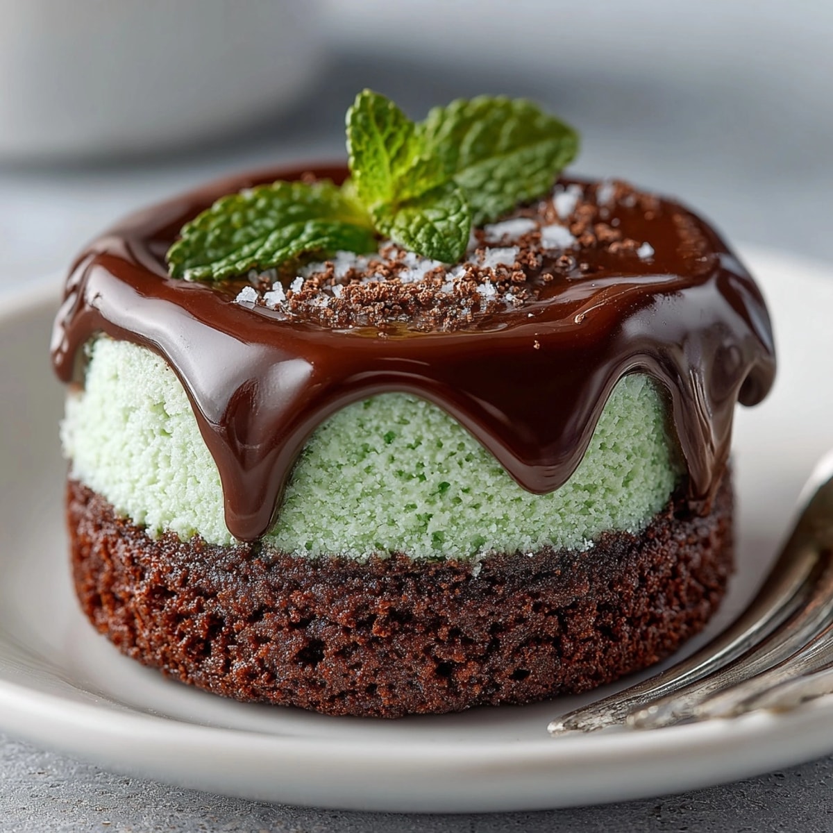 Chocolate Mint Cookies stacked on a dessert plate, rich ganache glistening over vibrant mint frosting.