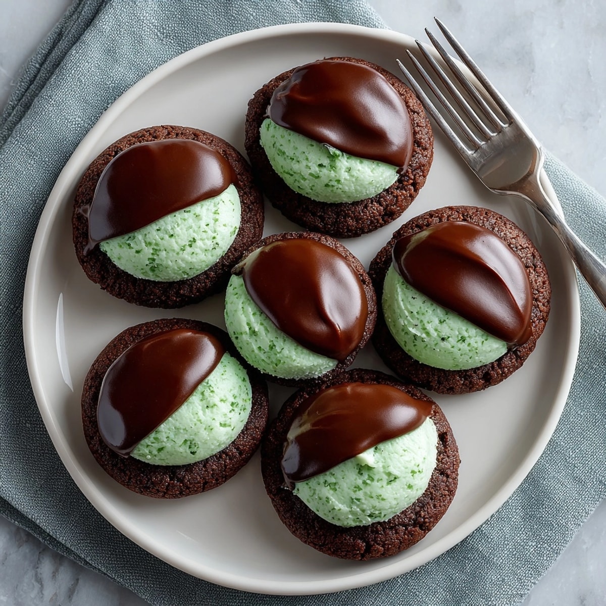 Chocolate Mint Cookies arranged for serving, chewy chocolate cookies with thick mint frosting and ganache.