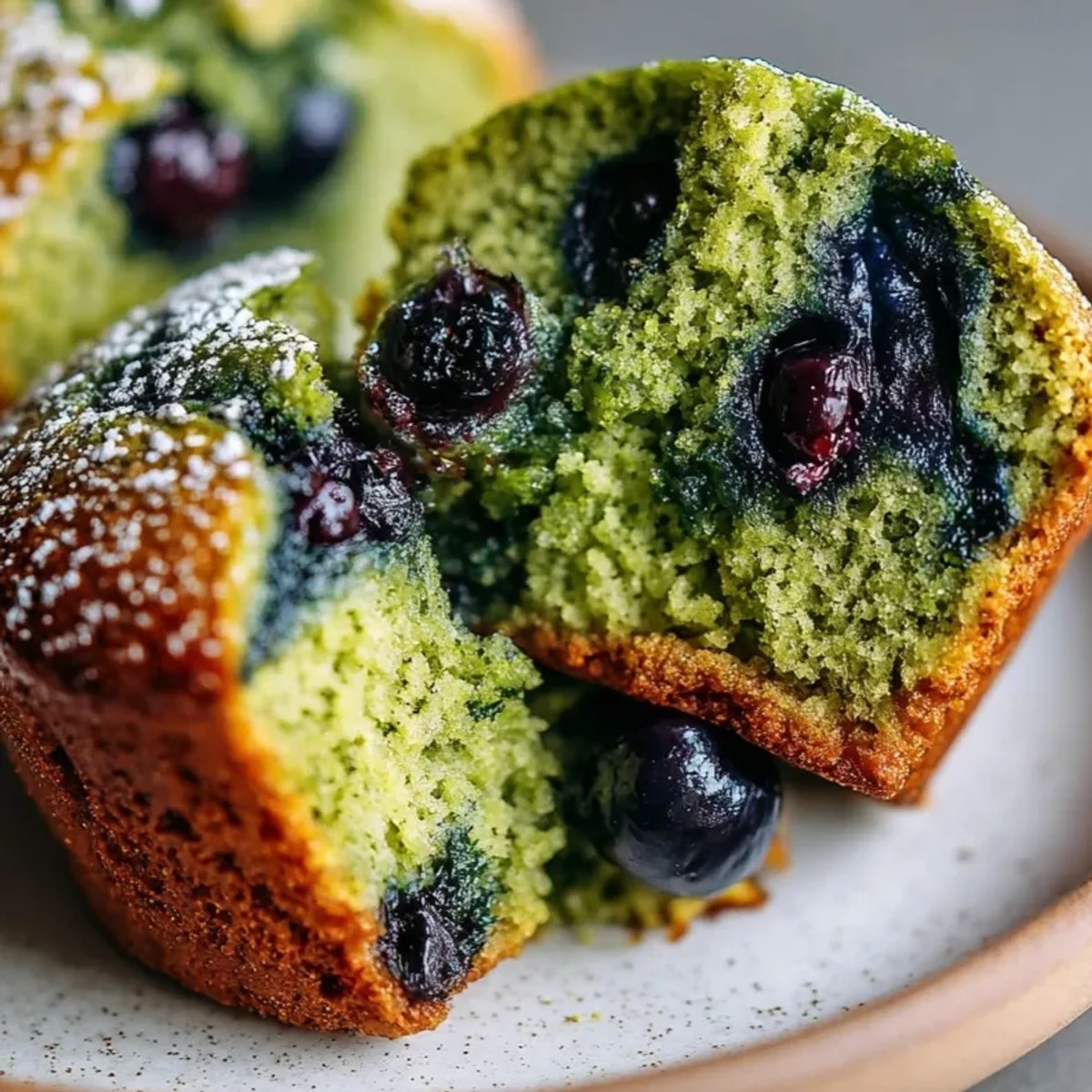 Freshly baked Matcha Blueberry Muffins cooling in a tin, sugar sparkling on top.