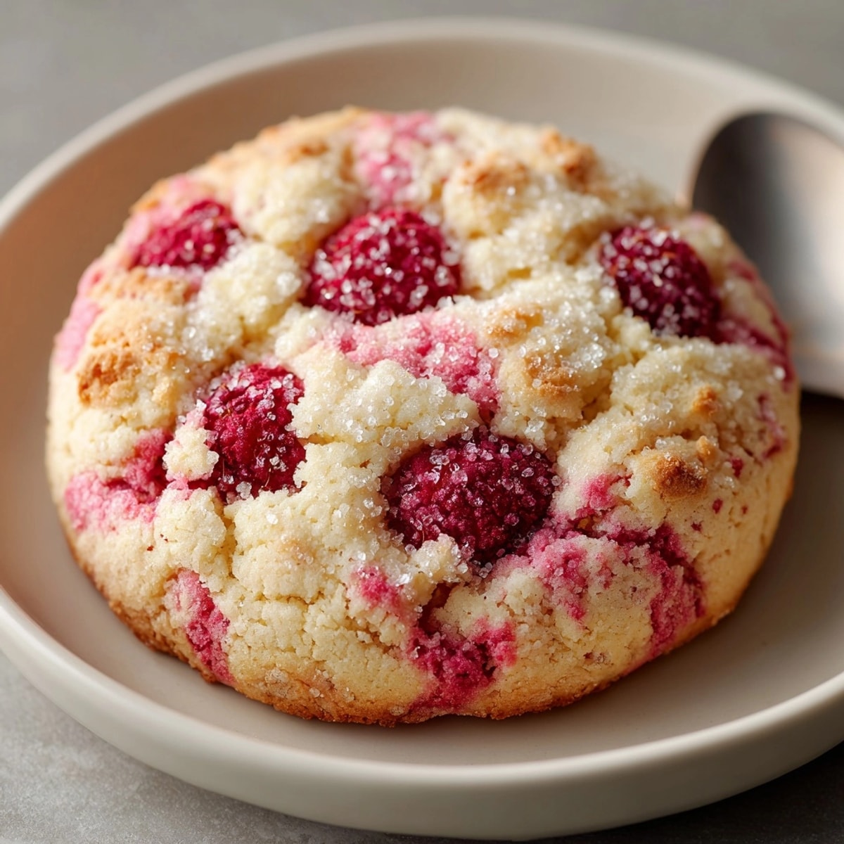 Close-up of raspberry cookies with golden edges and vibrant red berry swirls on parchment.