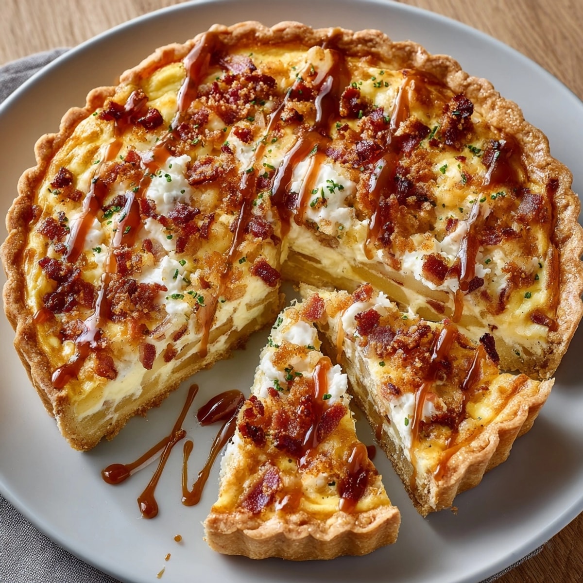Enjoy a slice of creamy Cinnamon Maple Breakfast Quiche drizzled with warm syrup, balanced with coffee.