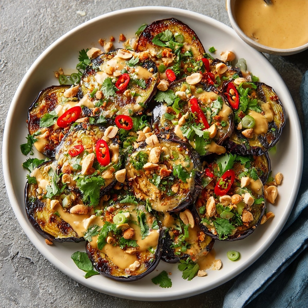 Golden brown Thai Peanut Grilled Eggplant, a flavorful vegan main dish.