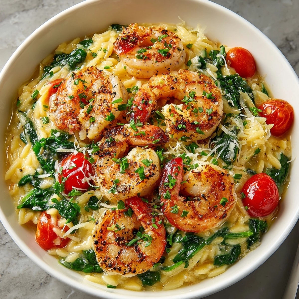 Creamy Cheesy Shrimp Orzo Bowl topped with fresh parsley, a quick and flavorful dinner.