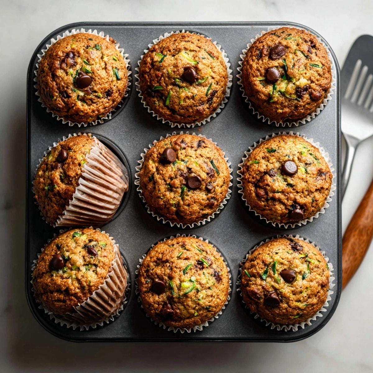 Easy Protein-Packed Zucchini Muffins recipe; a simple, healthy treat with visible chopped nuts.