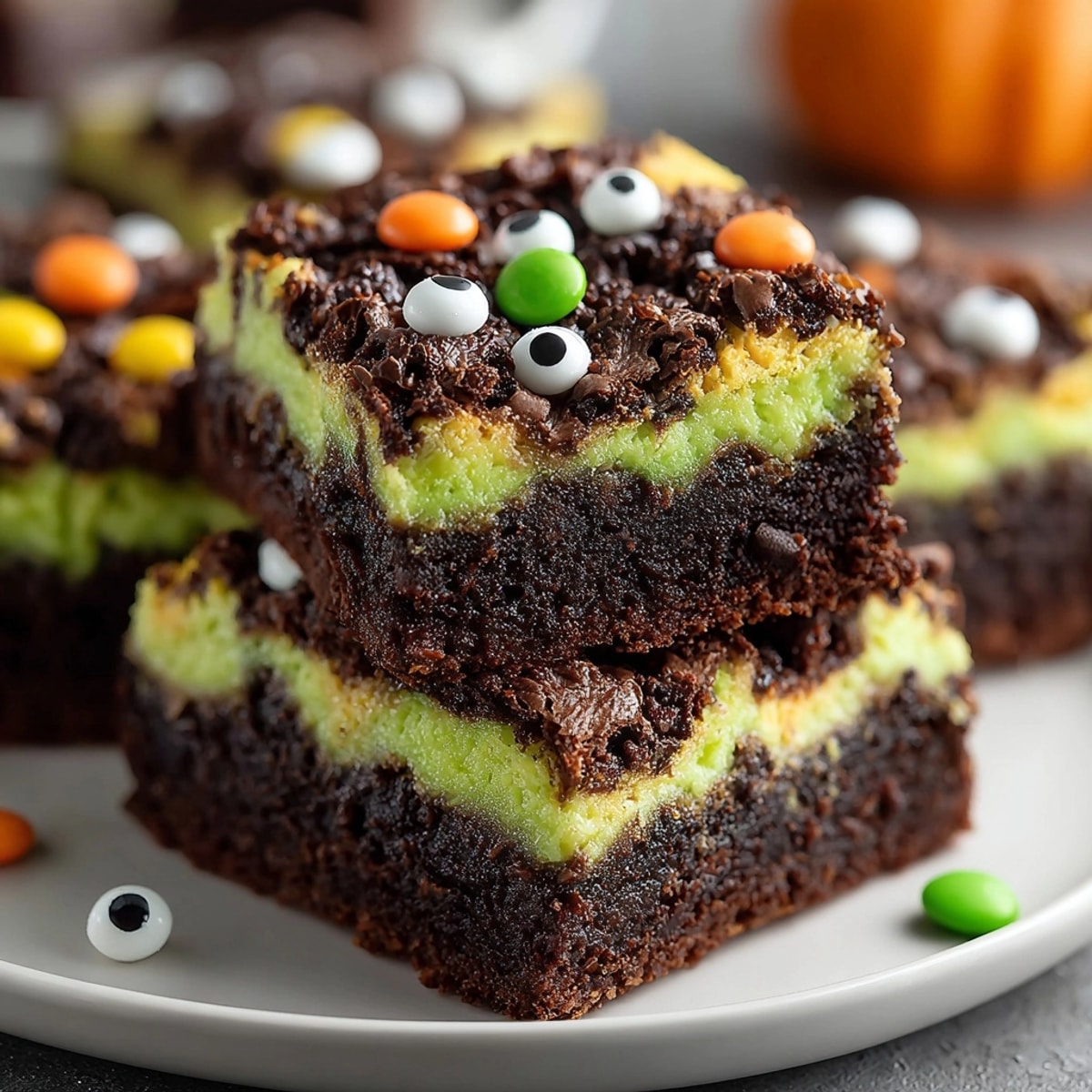 Top-down view of delicious, fudgy Witches’ Brew Swirl Brownies with ghostly green swirls.
