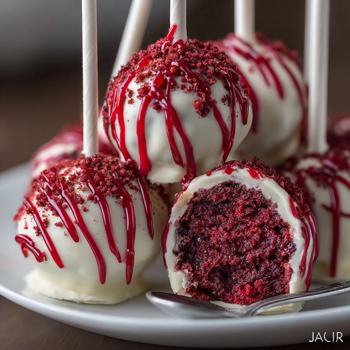 Bloody Truffle Pops, spooky red velvet cake drizzled with sweet, vibrant raspberry sauce.