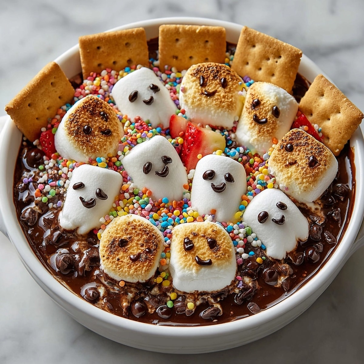 Golden brown, bubbling Spooky S’mores Dip with melted ghost marshmallows ready for dipping graham crackers.