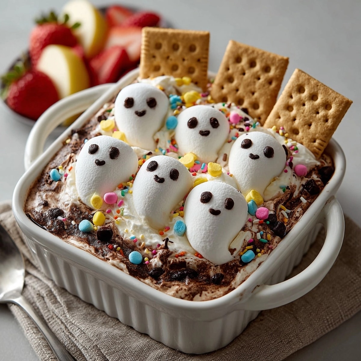 Warm, gooey Spooky S&amp;rsquo;mores Dip with Halloween sprinkles; imagine dipping a sweet, toasted marshmallow.
