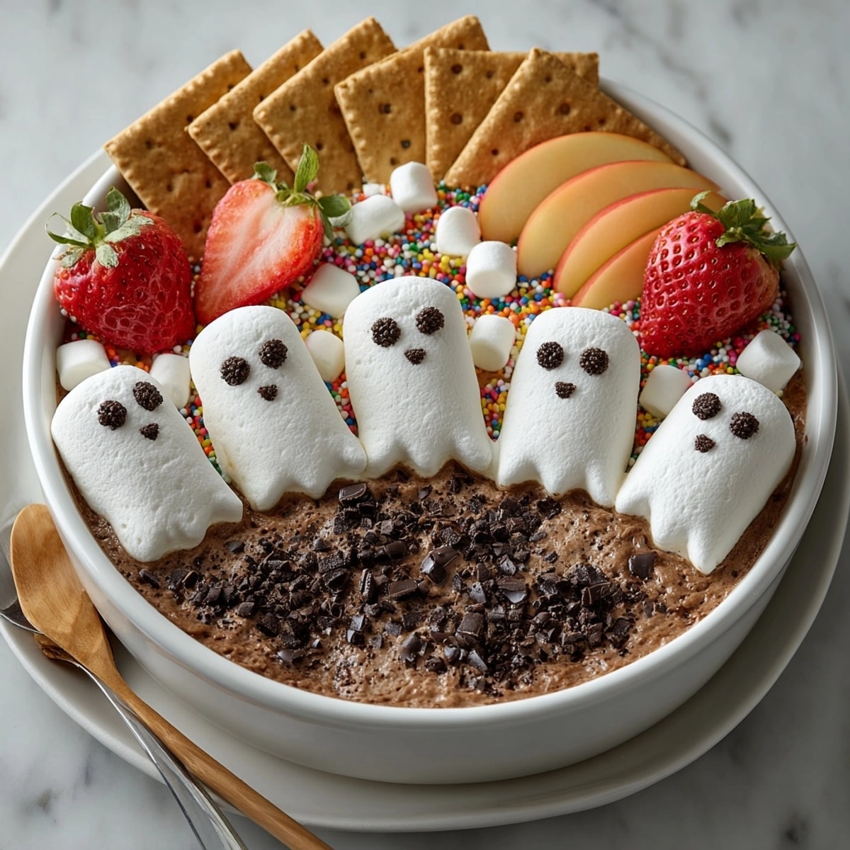 Easy Spooky S&amp;rsquo;mores Dip recipe: velvety chocolate underneath fluffy toasted marshmallows, served in a skillet.