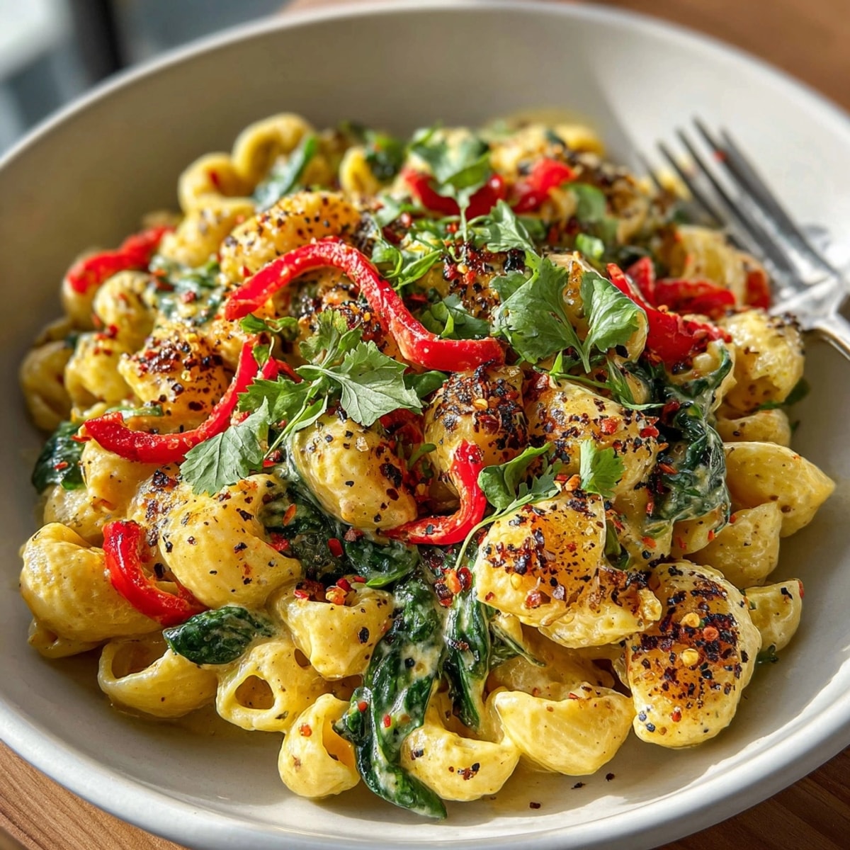 Close-up of steaming Vegan Thai Red Curry Mac &amp; Cheese, garnished with cilantro.