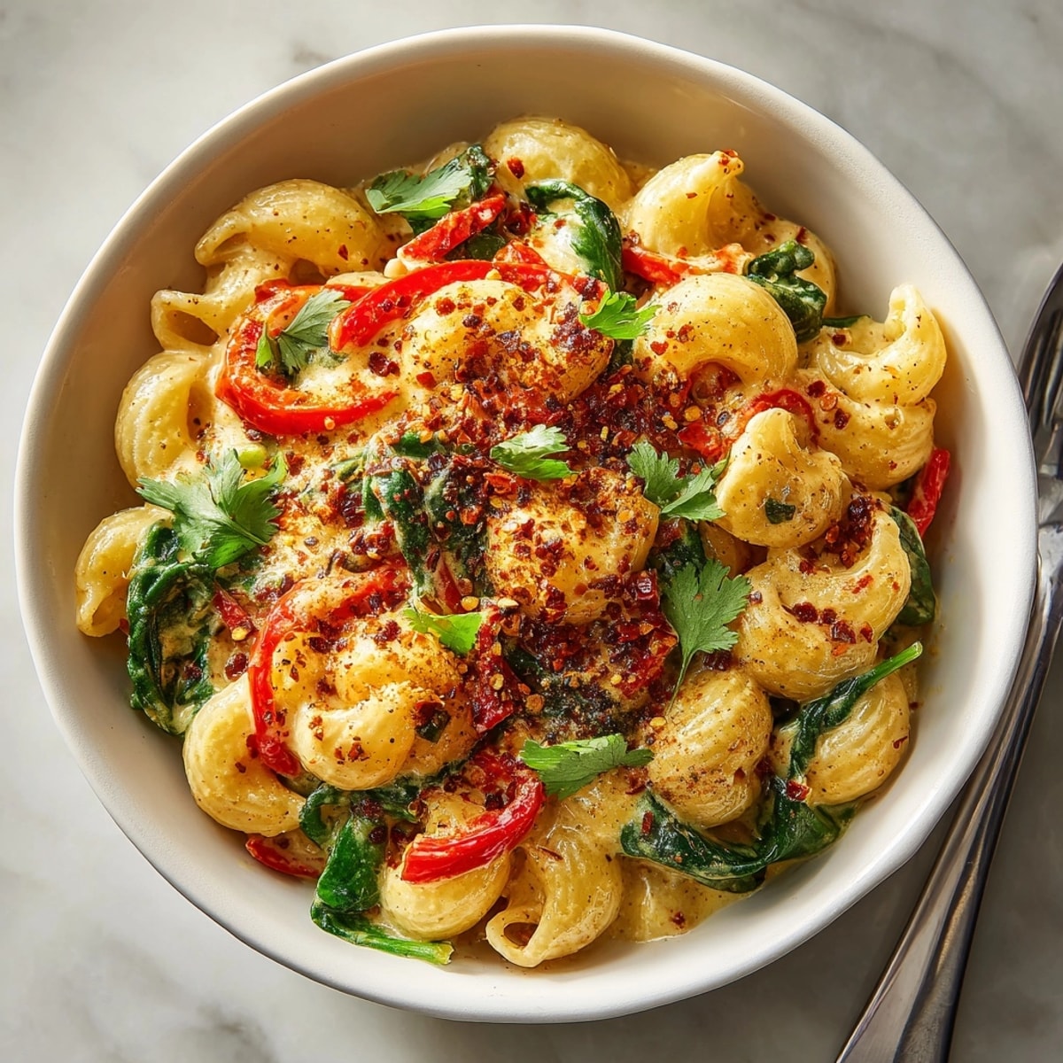 Bowl of fragrant Vegan Thai Red Curry Mac &amp; Cheese, vibrant fusion comfort food.