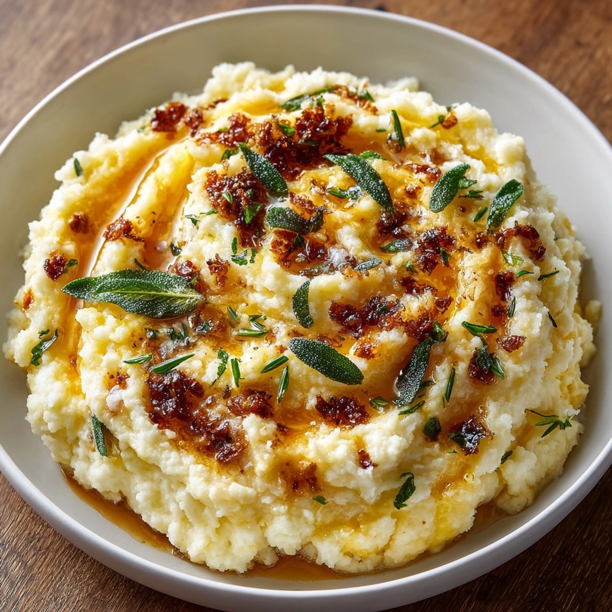 Golden Brown Butter Sage Mashed Potatoes, a velvety smooth and savory side dish.
