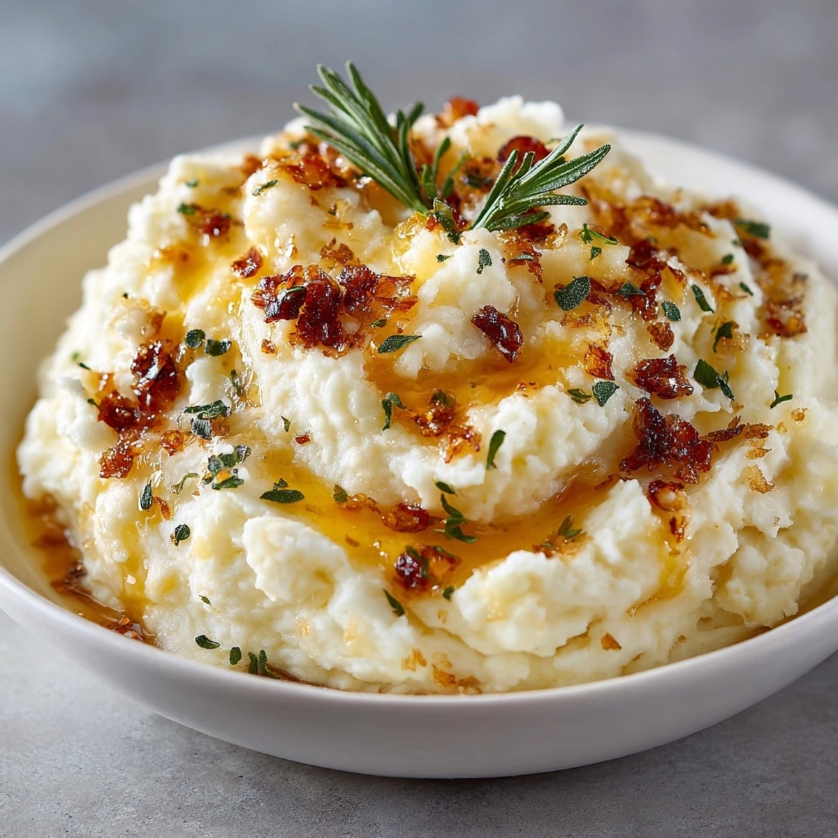 Rich Brown Butter Sage Mashed Potatoes, steaming, served in a rustic bowl, garnished.