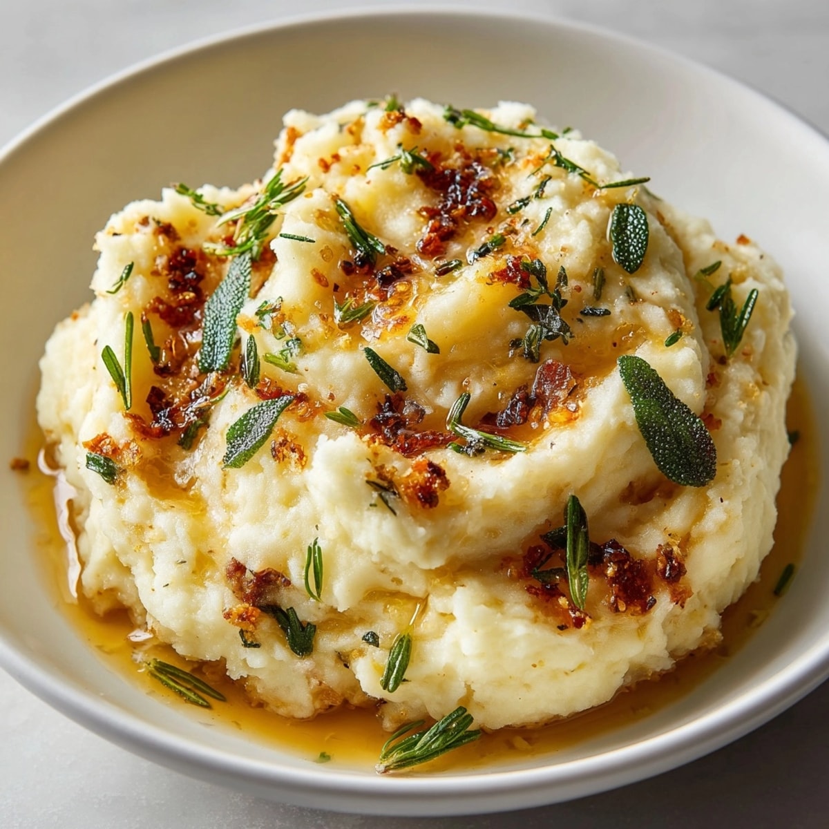 Top-down view of creamy Brown Butter Sage Mashed Potatoes with herbs, ready to eat.