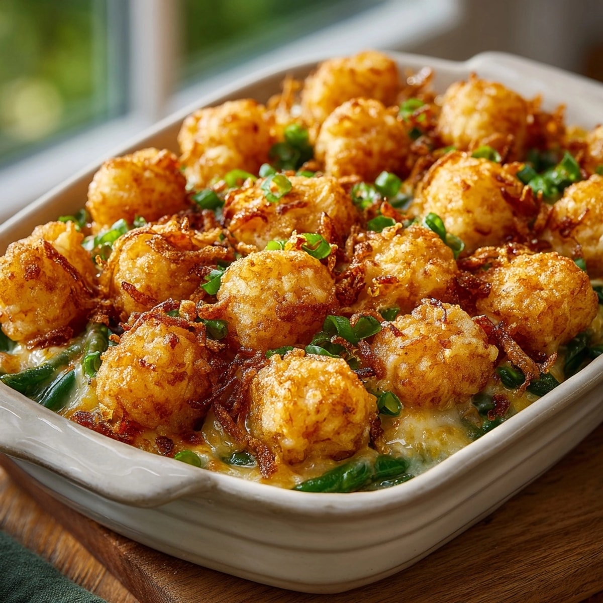 Golden, bubbly Tater Tot Topped Green Bean Casserole, ready to be served warm.