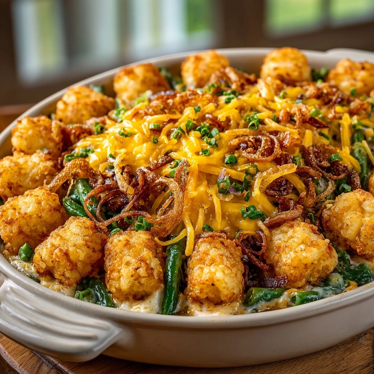 Homemade Tater Tot Topped Green Bean Casserole, a comforting family dinner baking in the oven.