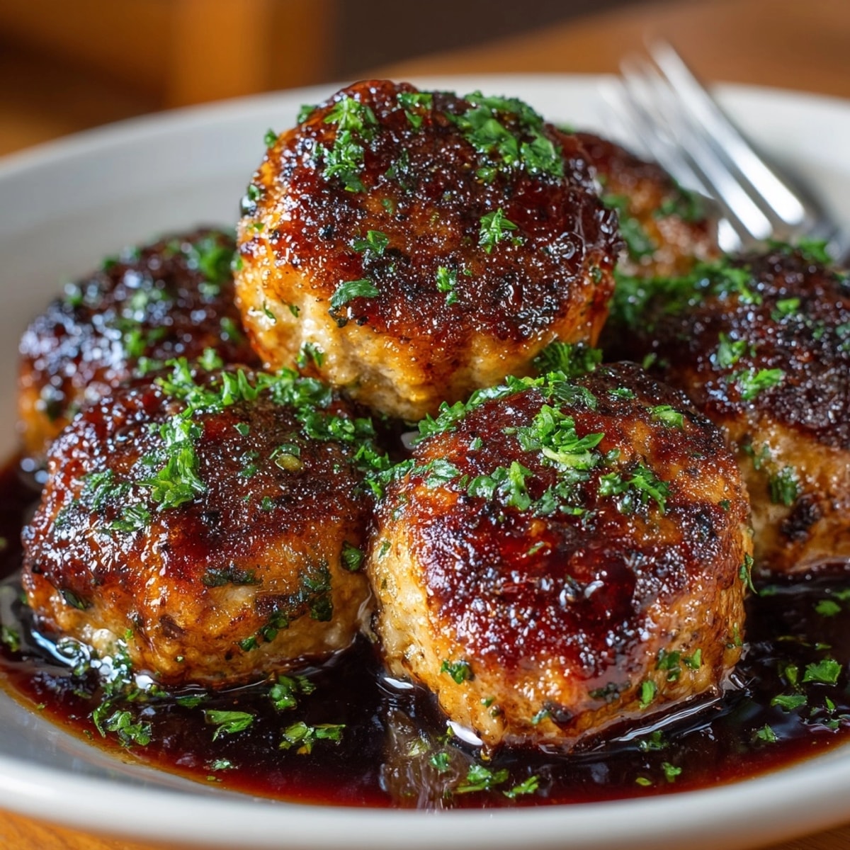 Close-up image of glistening Apple Cider Glazed Meatballs served warm in a slow cooker.