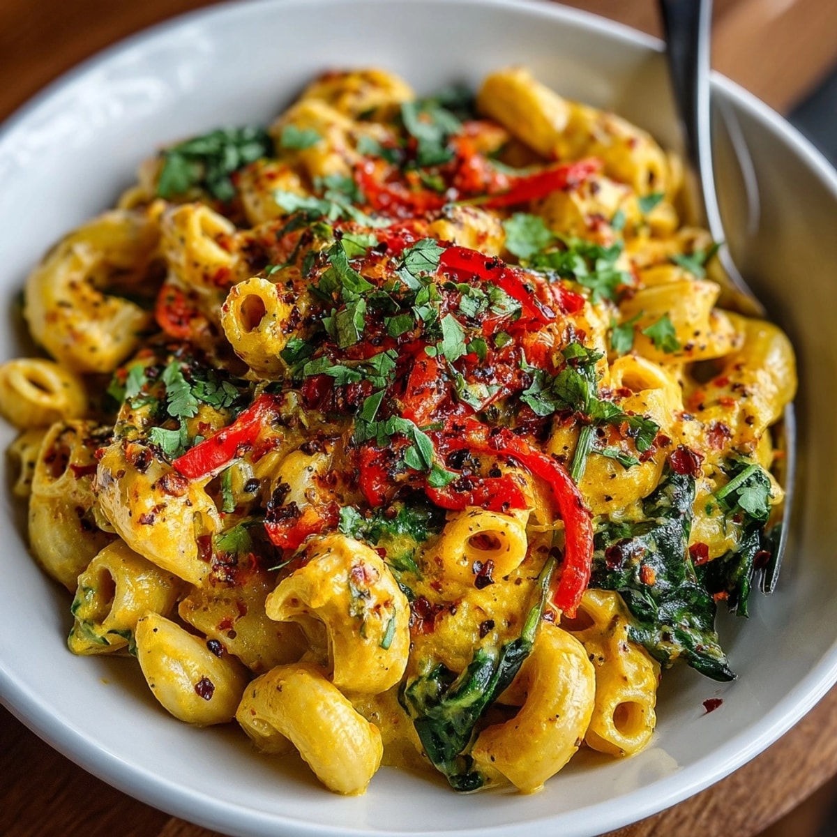 Creamy Vegan Thai Red Curry Mac & Cheese, bright red bell pepper, ready to serve.