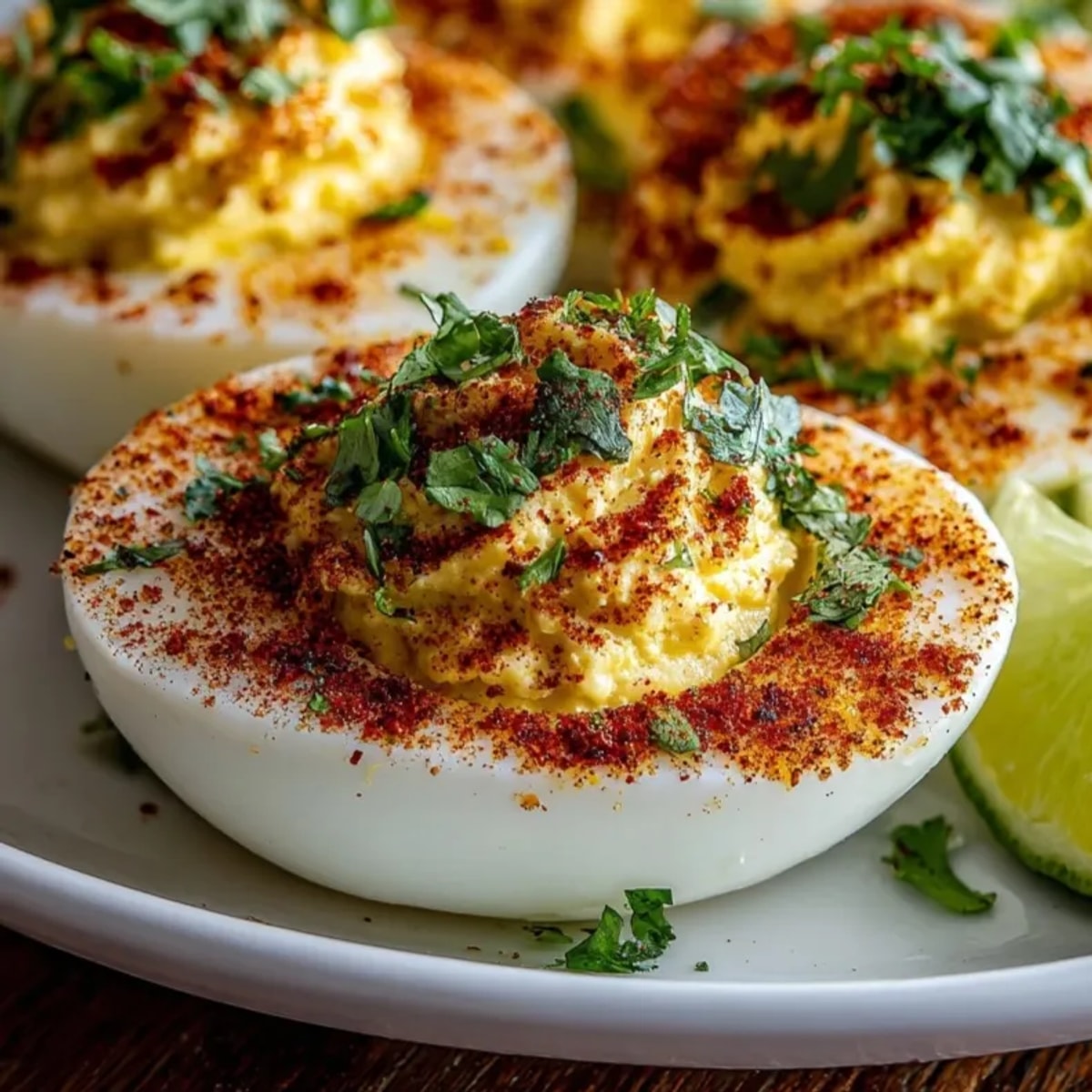 Tangy Tajín Deviled Eggs, sprinkled with spice, cilantro, ready to brighten any picnic.