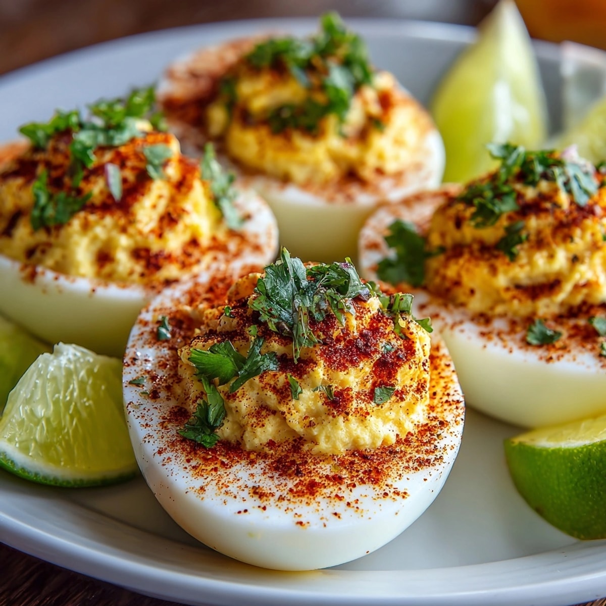 Homemade Taj&iacute;n Deviled Eggs with a zesty Taj&iacute;n and cilantro garnish; fresh and delicious.