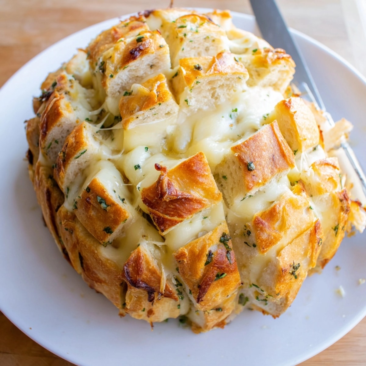 Golden Garlic Herb Cheesy Pull Apart Loaf with bubbling mozzarella, ready to be ripped.