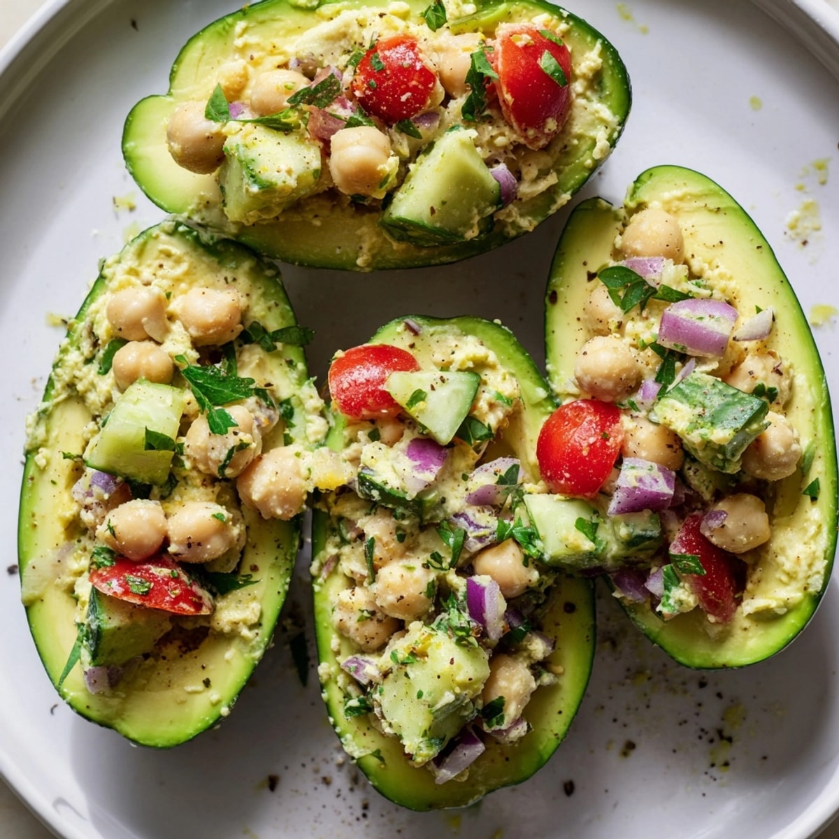 Vibrant Avocado Chickpea Breakfast Boats, a spoon-scooped vegetarian delight on creamy green.