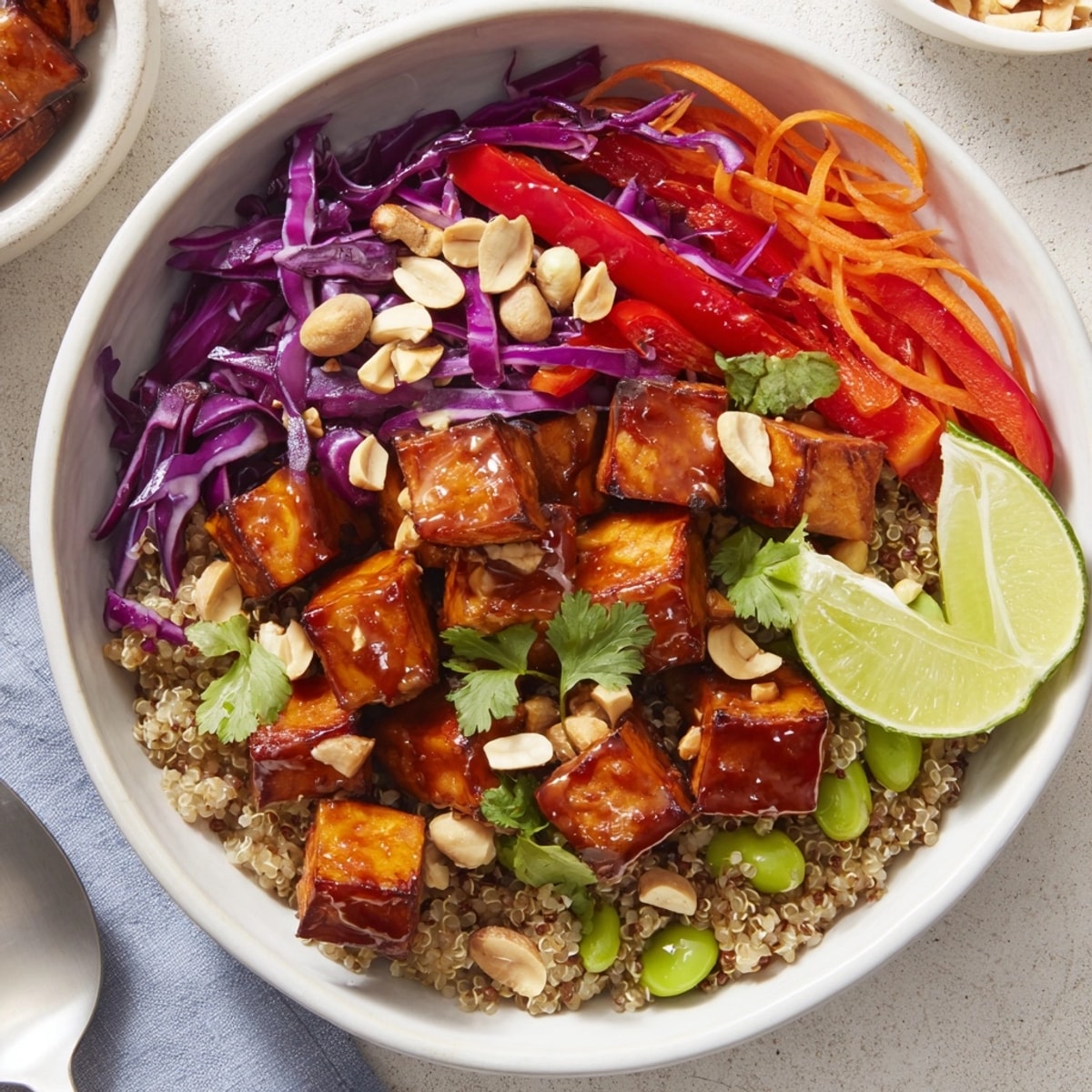 Golden Thai Peanut Roasted Sweet Potato Bowl, loaded with veggies, drizzled with creamy bliss.