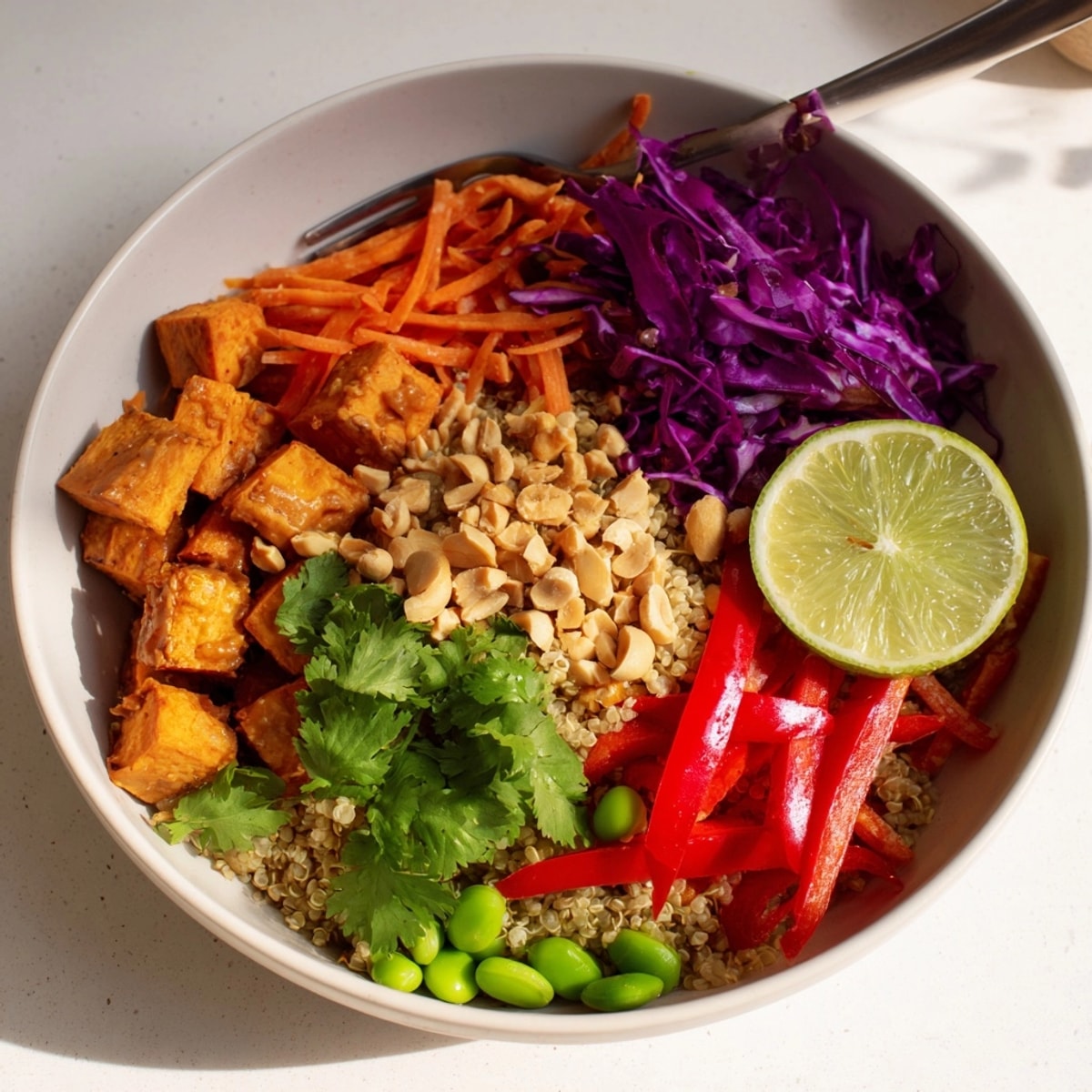 Close-up of a vibrant Thai Peanut Roasted Sweet Potato Bowl, nutty fragrance fills the air.