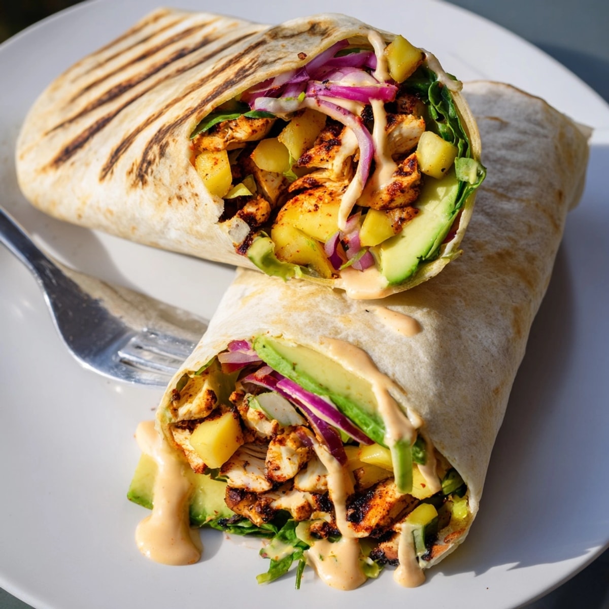 Close-up of colorful Mango Avocado Chicken Wraps, sliced in half to show ingredients.