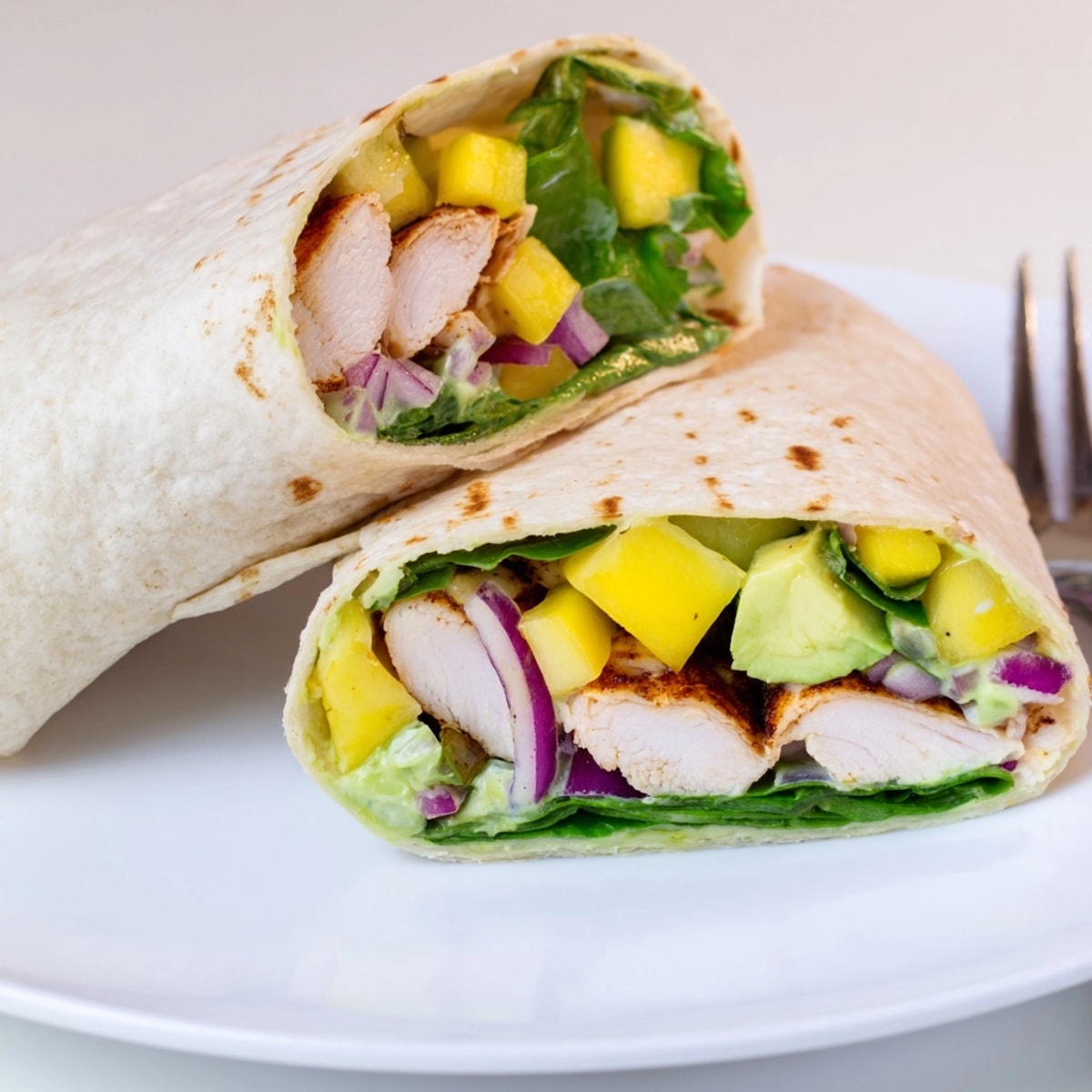 Stacked Mango Avocado Chicken Wraps, a vibrant tropical lunch, ready to be enjoyed.