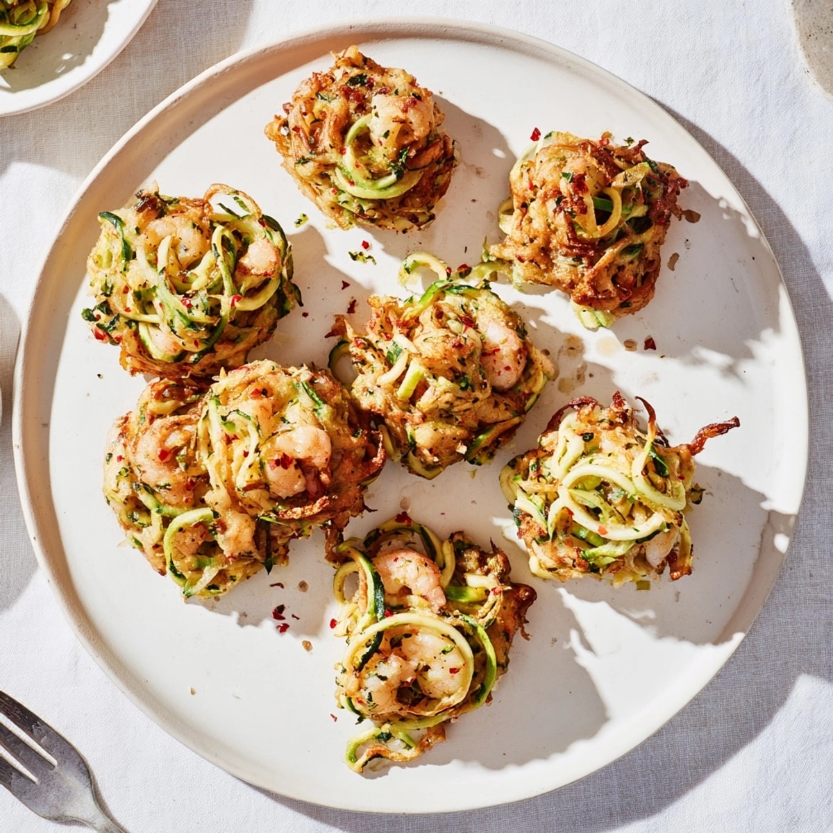 Homemade Shrimp & Ricotta Zoodle Fritters, a light, flavorful low-carb meal option.