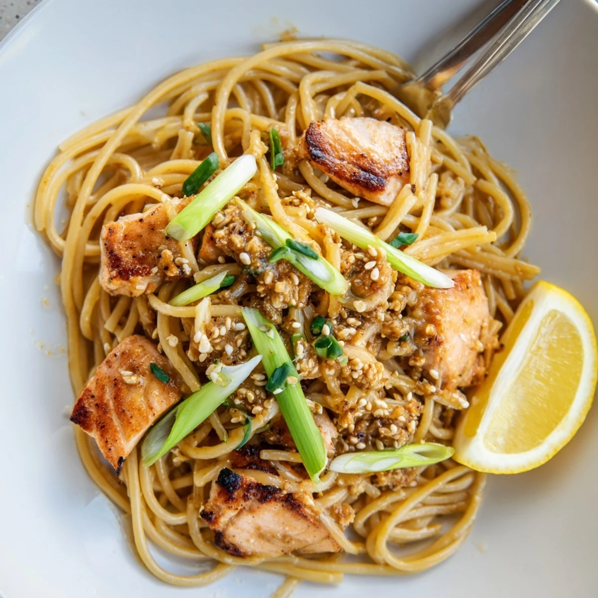 Crispy Japanese pan-fried salmon pasta garnished with fresh scallions and sesame seeds.