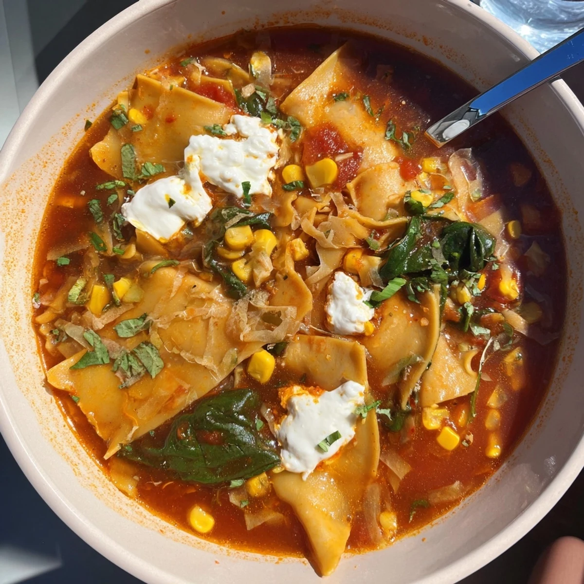Hearty Lasagne Soup with Sweet Corn Masala served hot, garnished with fresh herbs.  